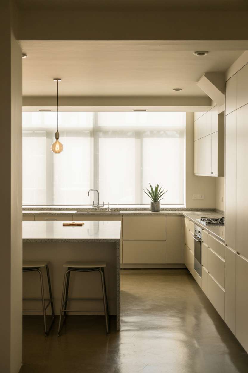 Modern open kitchen with white cabinets, gray quartz island, Edison bulb pendant light, and single succulent on windowsill
