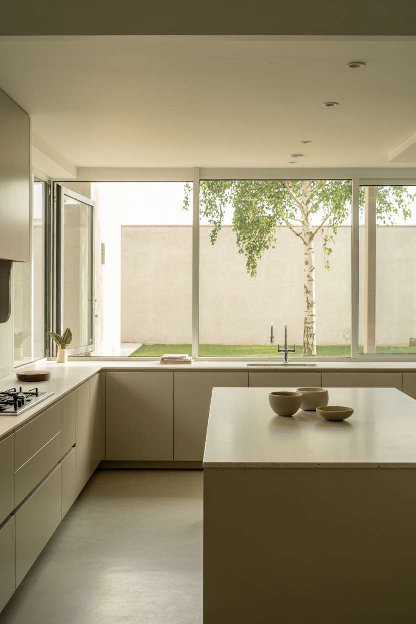 Spacious open kitchen with soft gray handleless cabinets, white quartz island, ceramic bowls, and birch tree backyard view