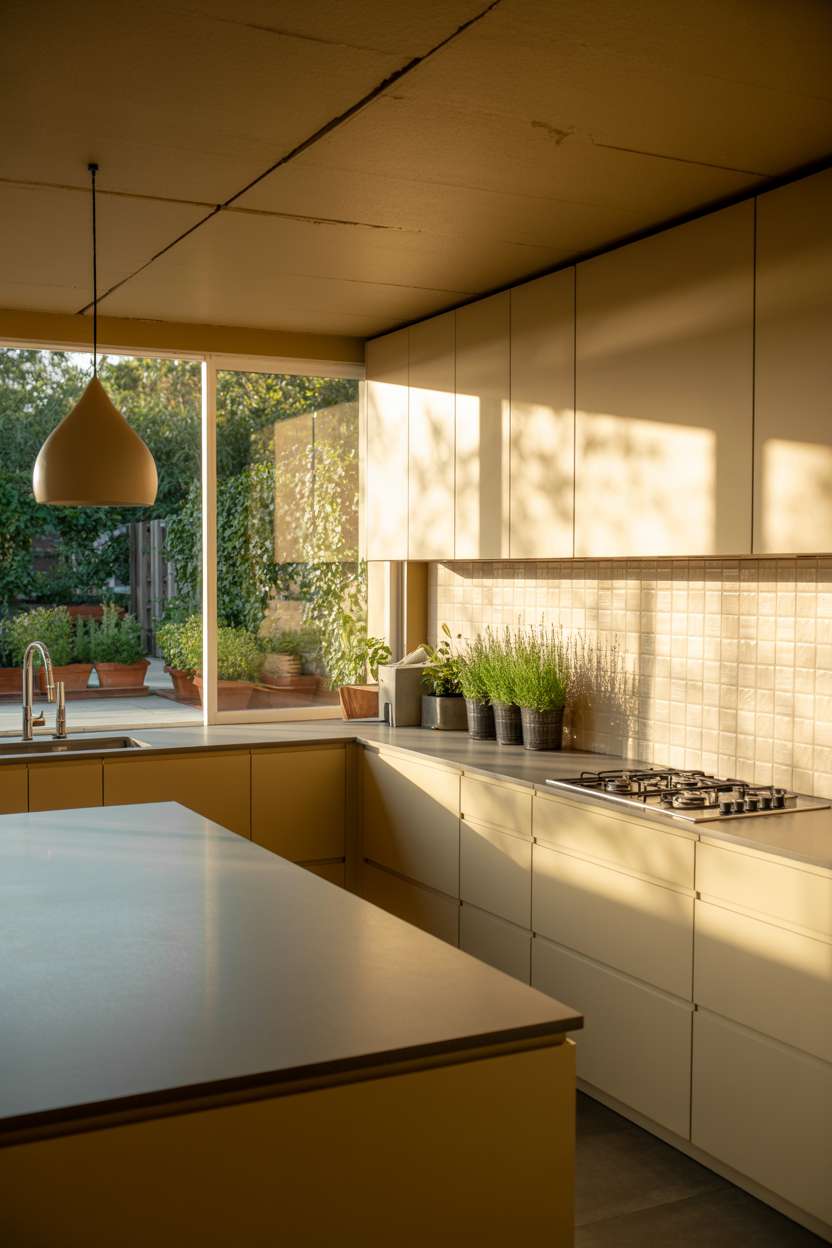 Open kitchen with cream handleless cabinets, gray quartz countertop, pendant light, and textured ceramic tile backsplash with herb garden view
