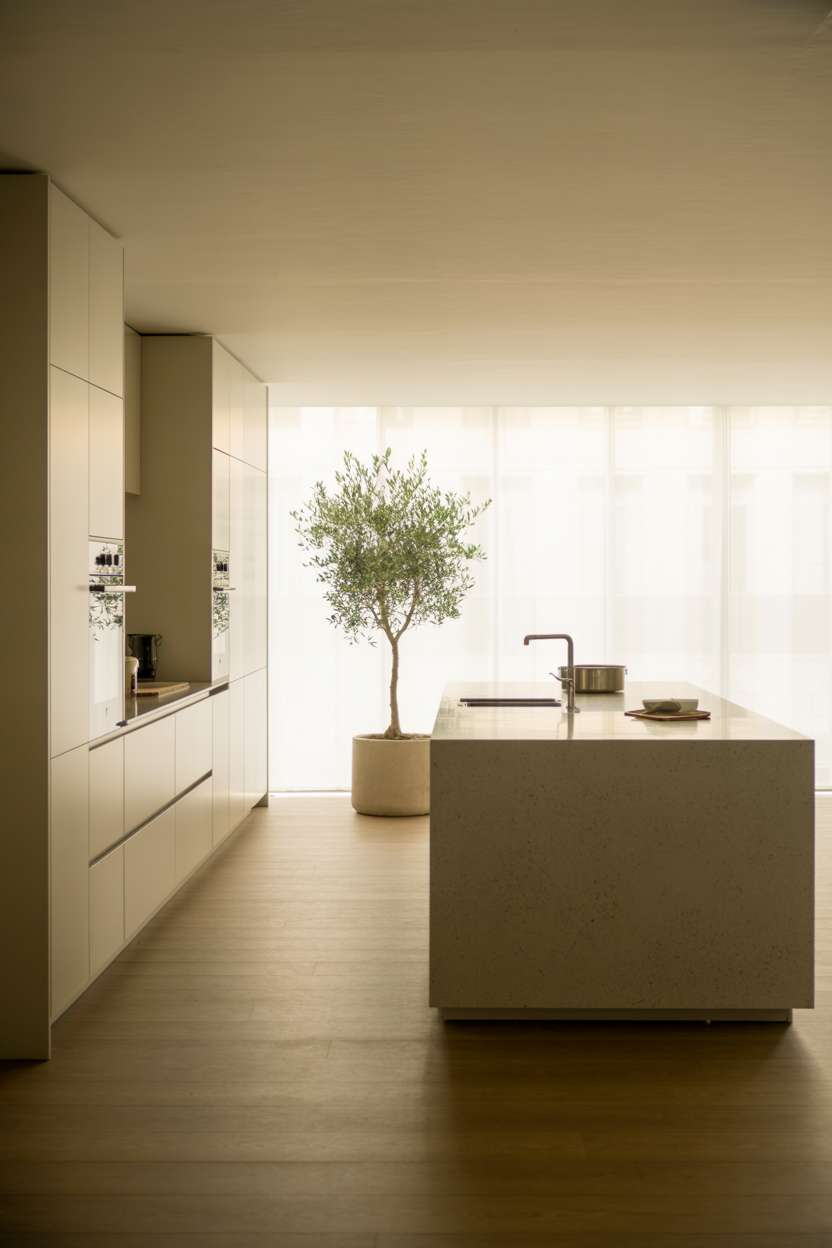 White minimalist kitchen with integrated appliances, gray quartz island, single potted olive tree, and light oak flooring