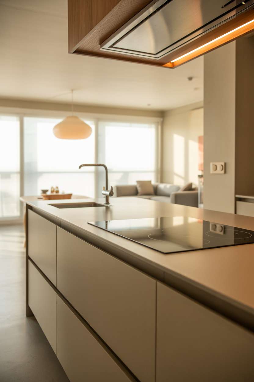 Modern white kitchen island with induction cooktop, waterfall edge, wood grain texture, and glimpse of gray living room sofa
