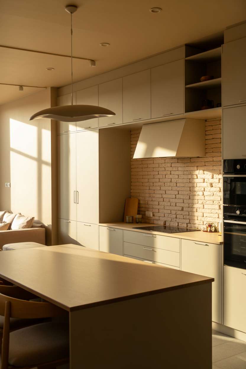Minimalist gray kitchen with pale oak island countertop, modern pendant light, exposed brick backsplash, and neutral living area view