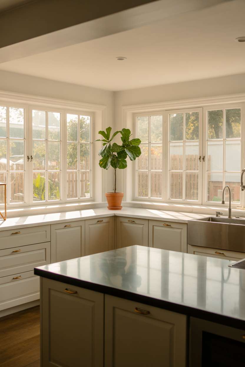 White minimalist kitchen with brushed brass hardware, dark gray island, light gray quartz top, and fiddle-leaf fig tree