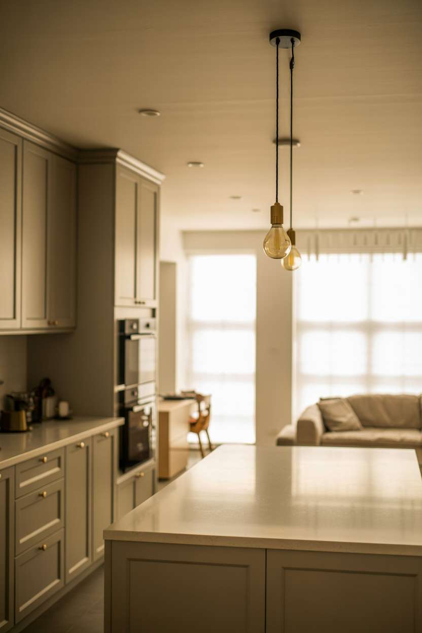 Light gray kitchen with brass hardware, white waterfall quartz island, Edison pendant light, and neutral living area integration