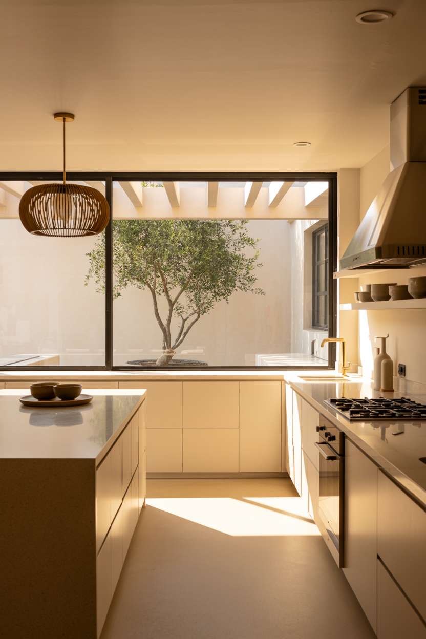 Minimalist white kitchen with gray quartz island, brass hardware, woven shade pendant light, ceramic bowls, and olive tree patio view