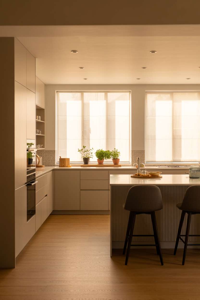 Open kitchen with soft gray handleless cabinets, light oak floors, white quartz island, dark gray stools, and geometric backsplash pattern