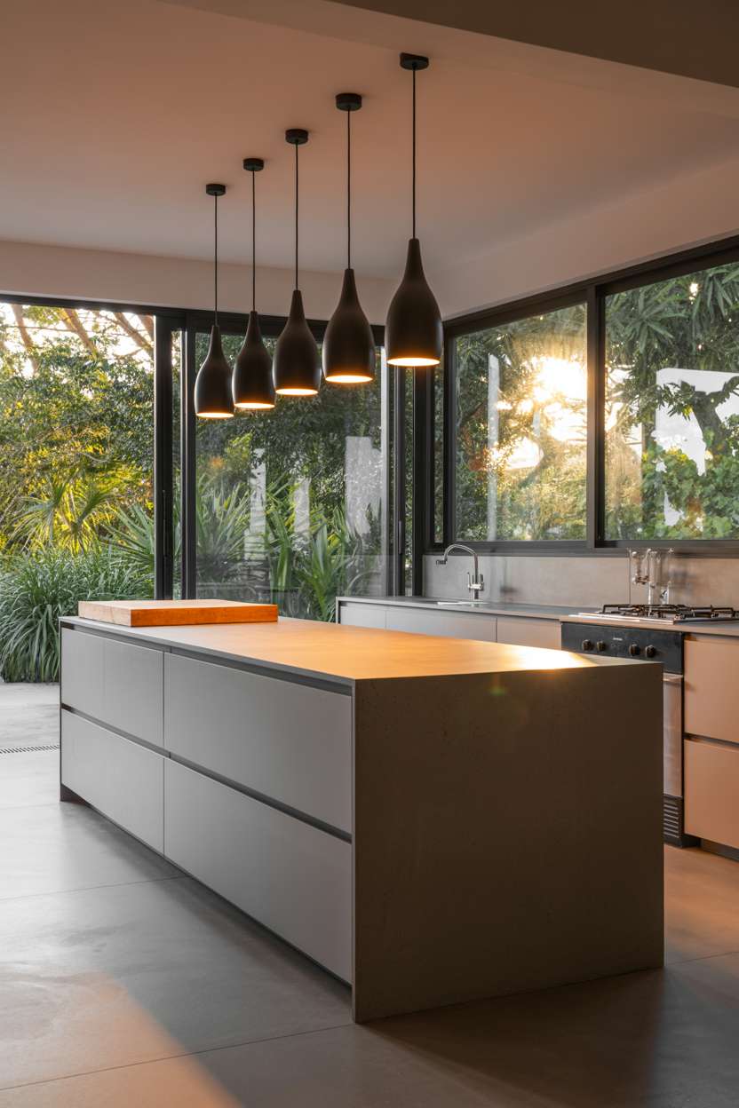 Open-concept kitchen with light gray concrete island topped with warm wood slab, dark pendant lights, and lush garden view