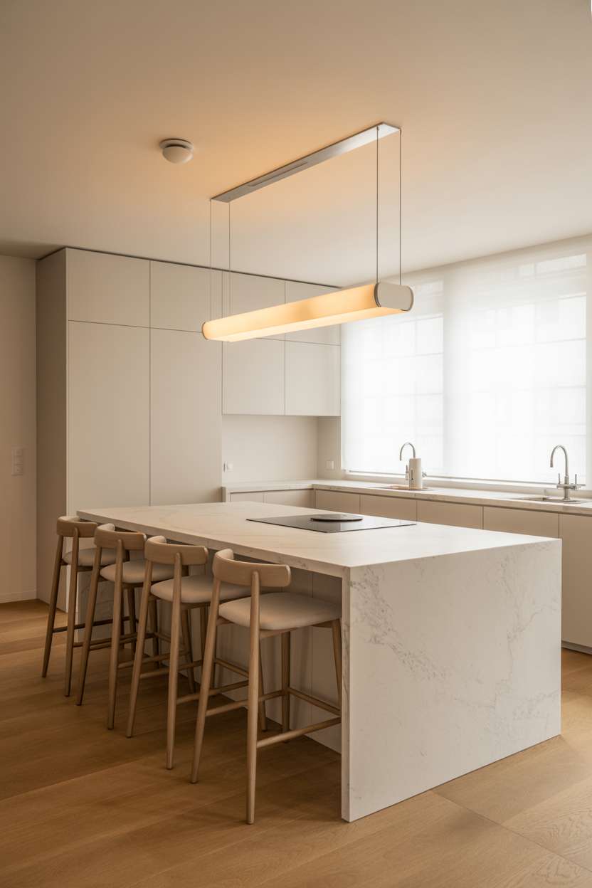 Modern kitchen with white marble island, built-in induction cooktop, linear pendant fixture, light gray cabinets, and oak flooring
