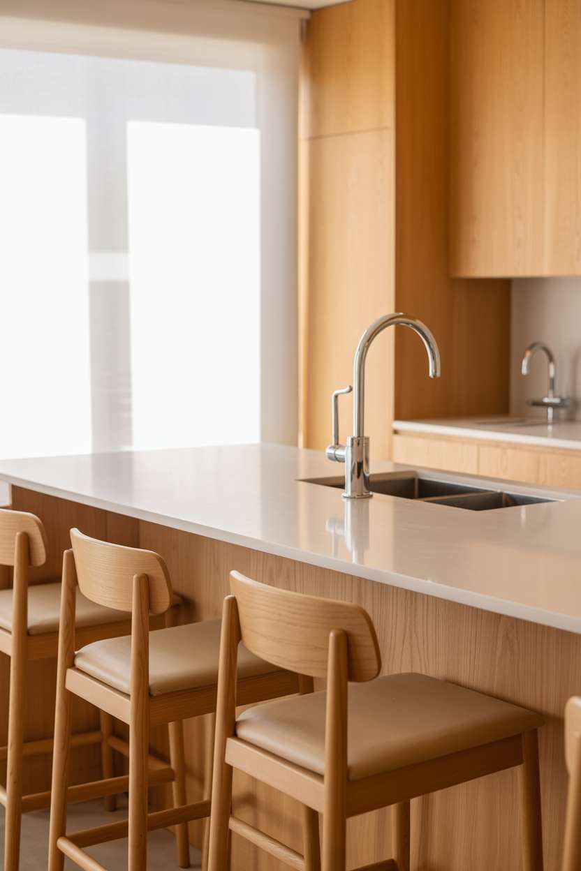 White quartz kitchen island with integrated stainless steel sink, modern chrome faucet, light wood frame stools with beige cushions