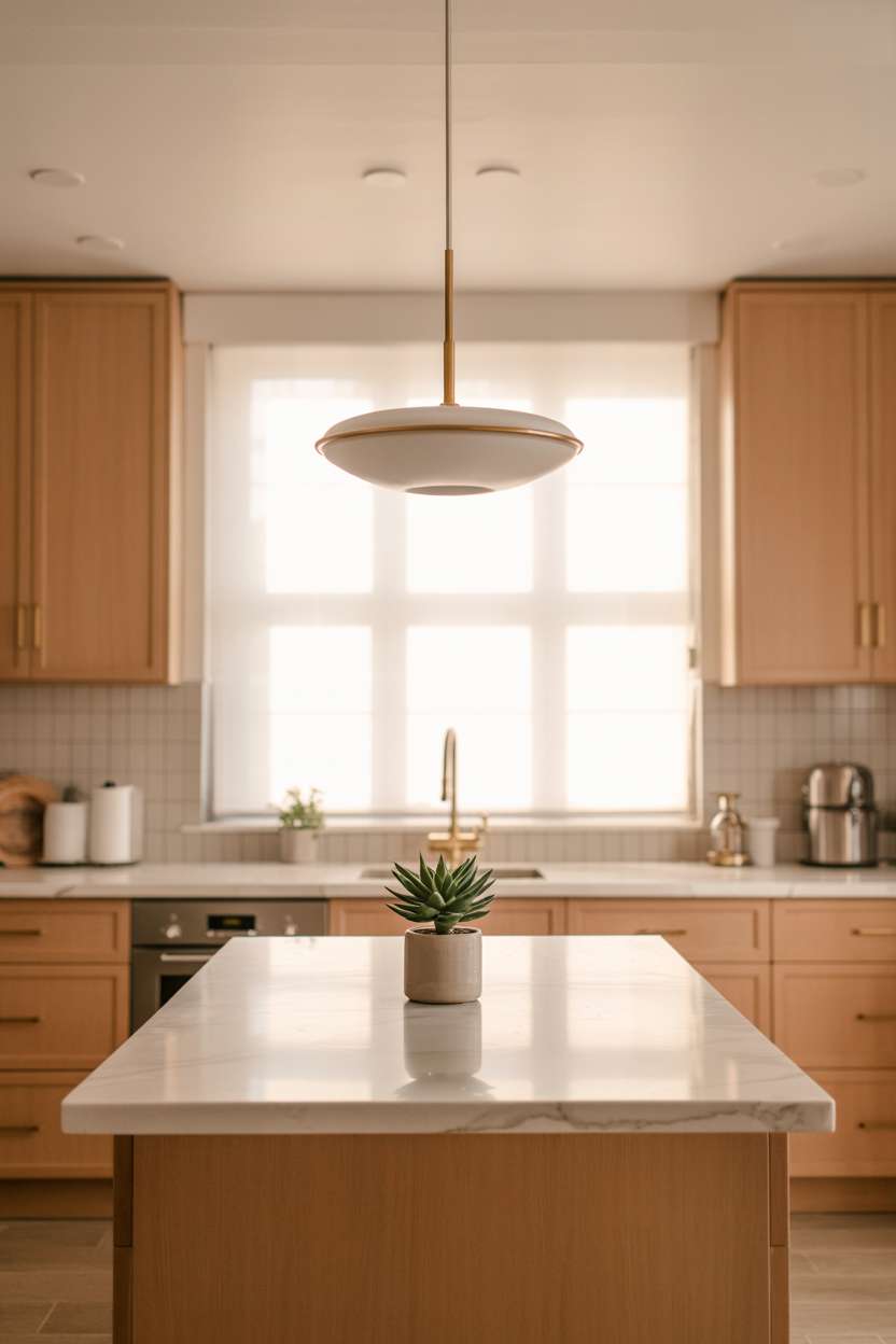 Warm minimalist kitchen with white marble island, brushed gold hardware, modern pendant light, light wood cabinets, and succulent accent