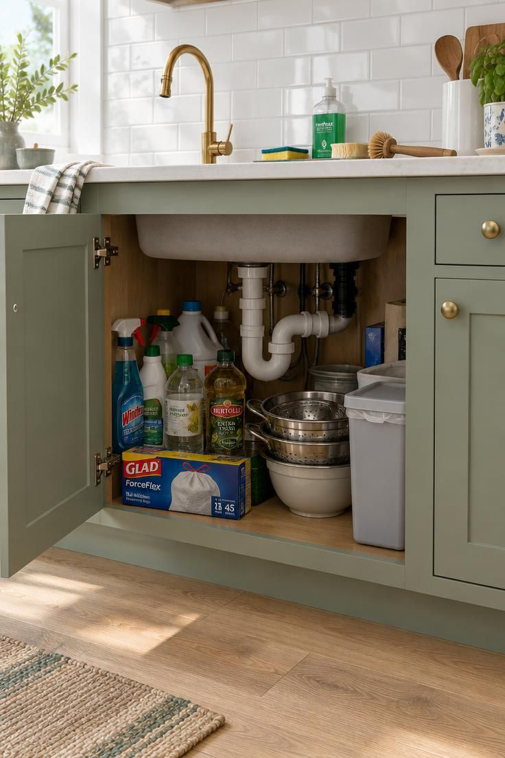 An open under-sink cabinet in a sage-green residential kitchen showing mixed cleaning bottles, an oil jar, a colander, a trash bag box, and a small waste bin crowded around white PVC pipes, with cluttered sponges and dish soap on the counter above in bright midday daylight.