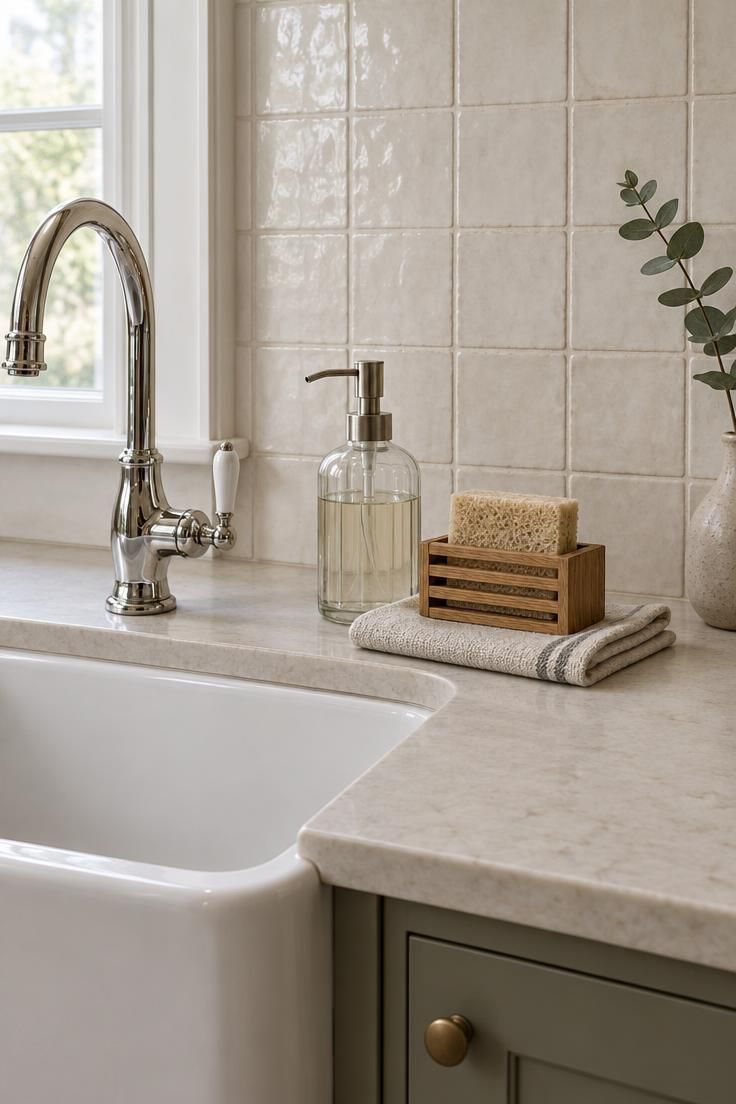 A clean counter beside a white farmhouse sink holding only a clear soap dispenser and a slatted sponge holder on a folded cotton towel, with a handmade white tile backsplash and soft diffused daylight.