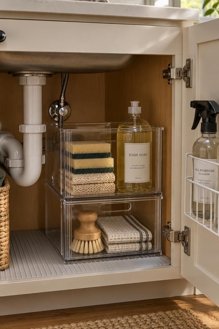 Clear acrylic bins stacked in two tiers around white PVC pipes inside an under-sink cabinet, holding sponges, dish soap refill, and a brush, with a wire door caddy and warm golden light on a ribbed mat.