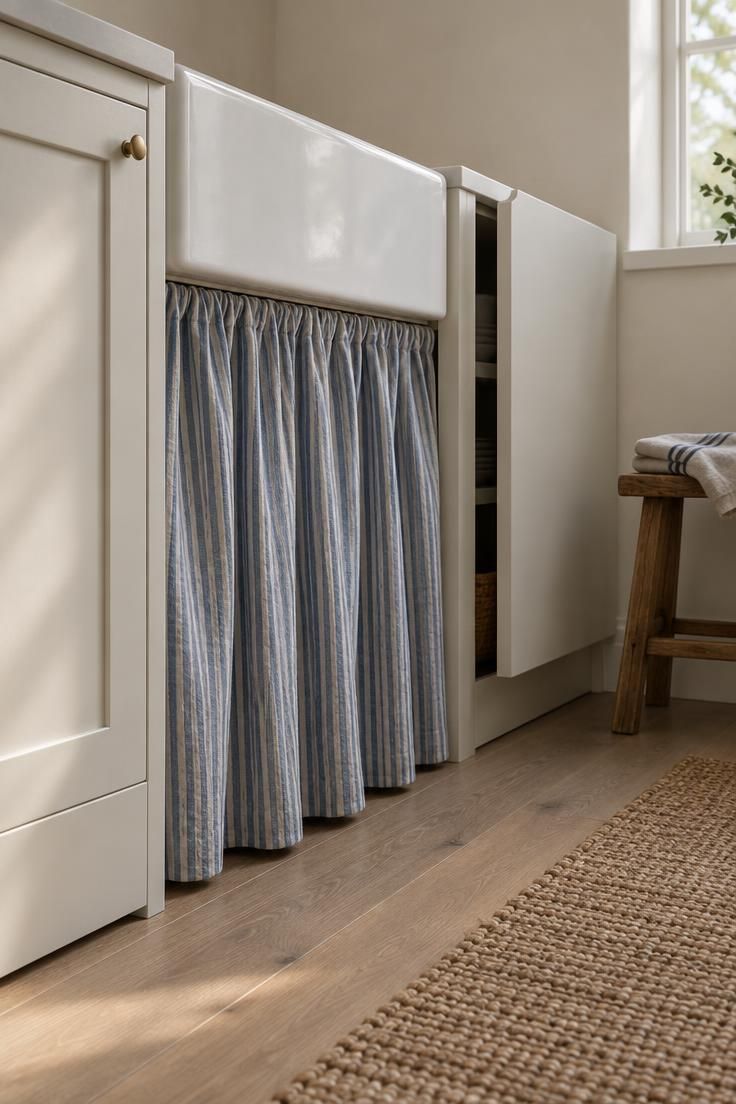 A close-up view under a white ceramic sink showing three levels of concealment: a closed white cabinet door, a blue-and-white striped sink skirt, and a touch-latch cabinet panel slightly open, with a wooden stool nearby and a bare counter above.