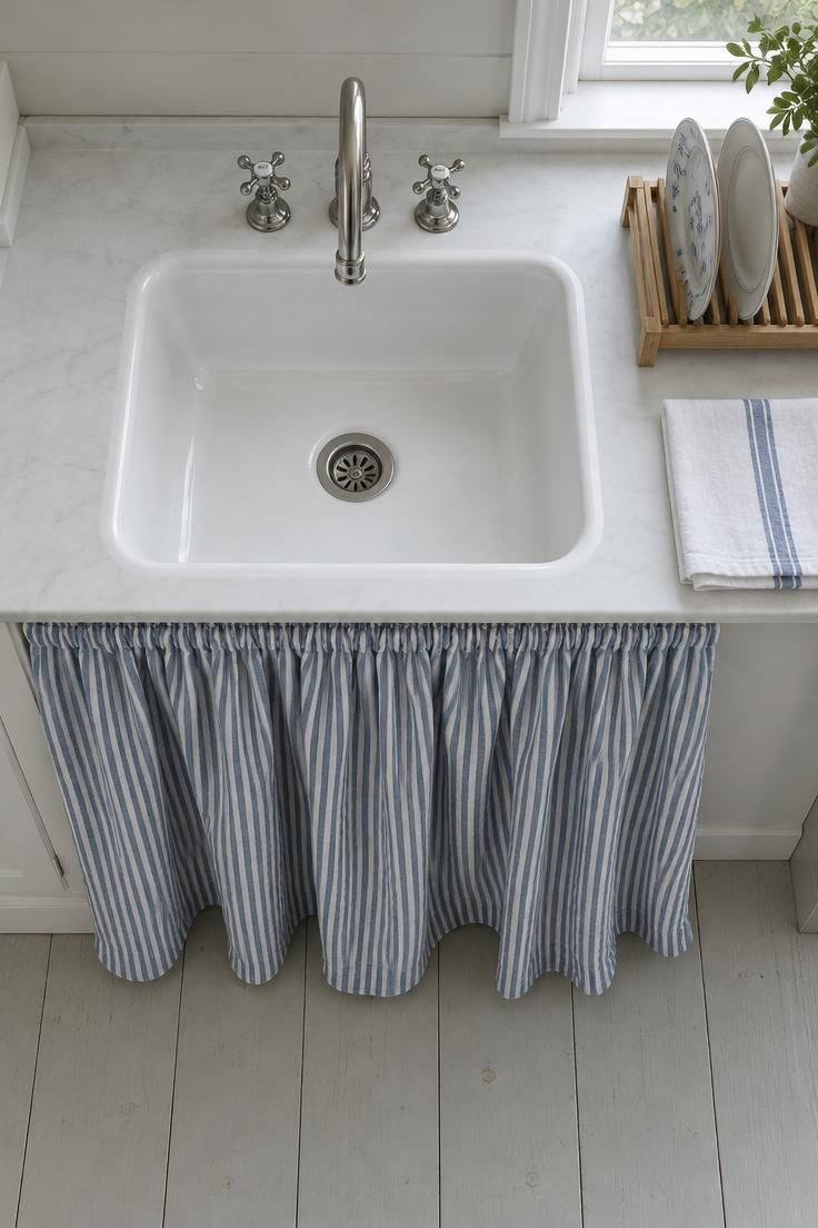 An overhead view of a white ceramic sink with a gathered blue-and-white striped cotton skirt hanging beneath it, a small wooden dish rack and white towel on the bare counter, in cool overcast daylight.