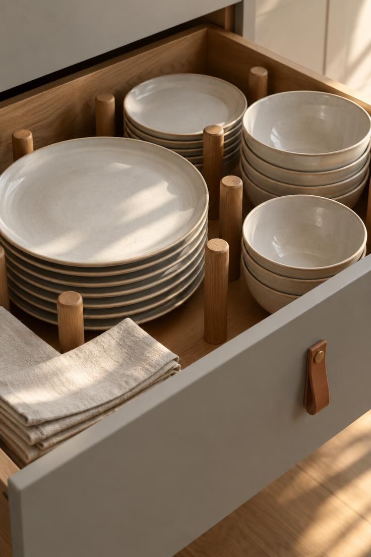 An open drawer with wooden pegs holding stacks of white stoneware plates and bowls, folded linen napkins in one corner, a pale matte gray front with a leather pull, under warm golden light.