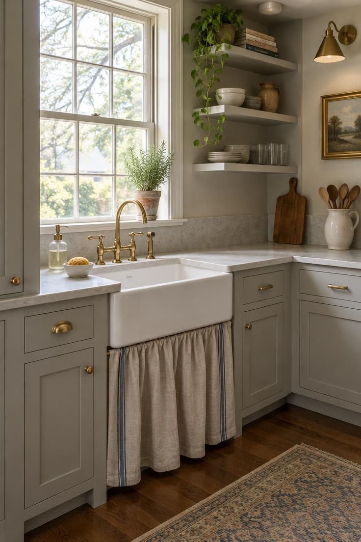 Simple Spaces 22 A compact kitchen corner with a white porcelain sink in pale gray cabinets, a clear soap dispenser and ceramic sponge rest on the bare counter, and an oatmeal linen skirt with a blue stripe over the sink base in warm even light.
