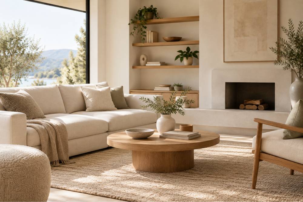 Minimalist beige living room with a cream sofa, round wooden coffee table, built-in shelves, fireplace, and large window overlooking a mountain landscape.