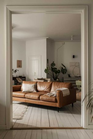 Minimalist living room with a brown couch