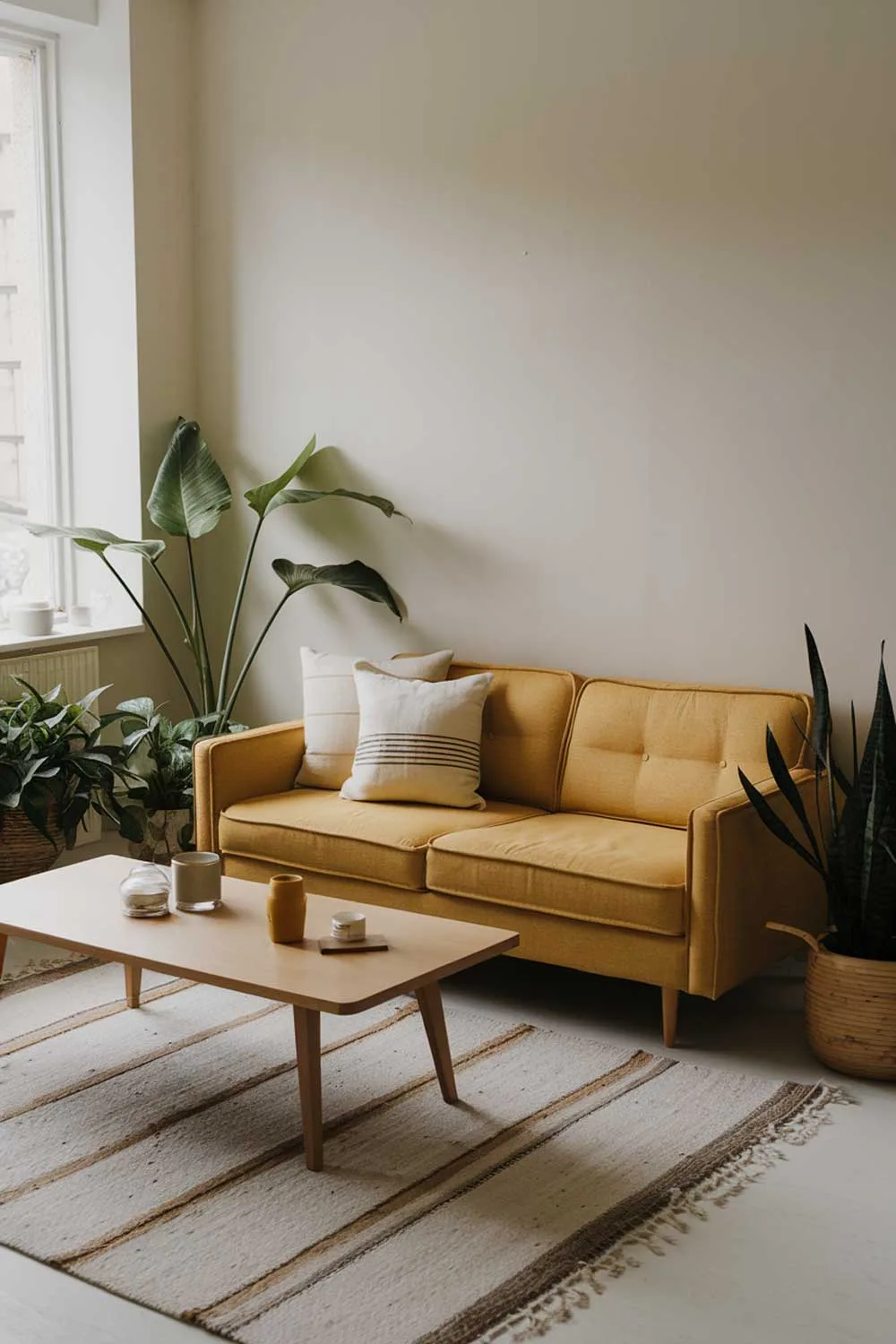 A cozy minimalist living room with a yellow sofa. The room has a beige rug, a wooden coffee table, and a few potted plants. There are also a few items placed on the coffee table. The walls are painted white.