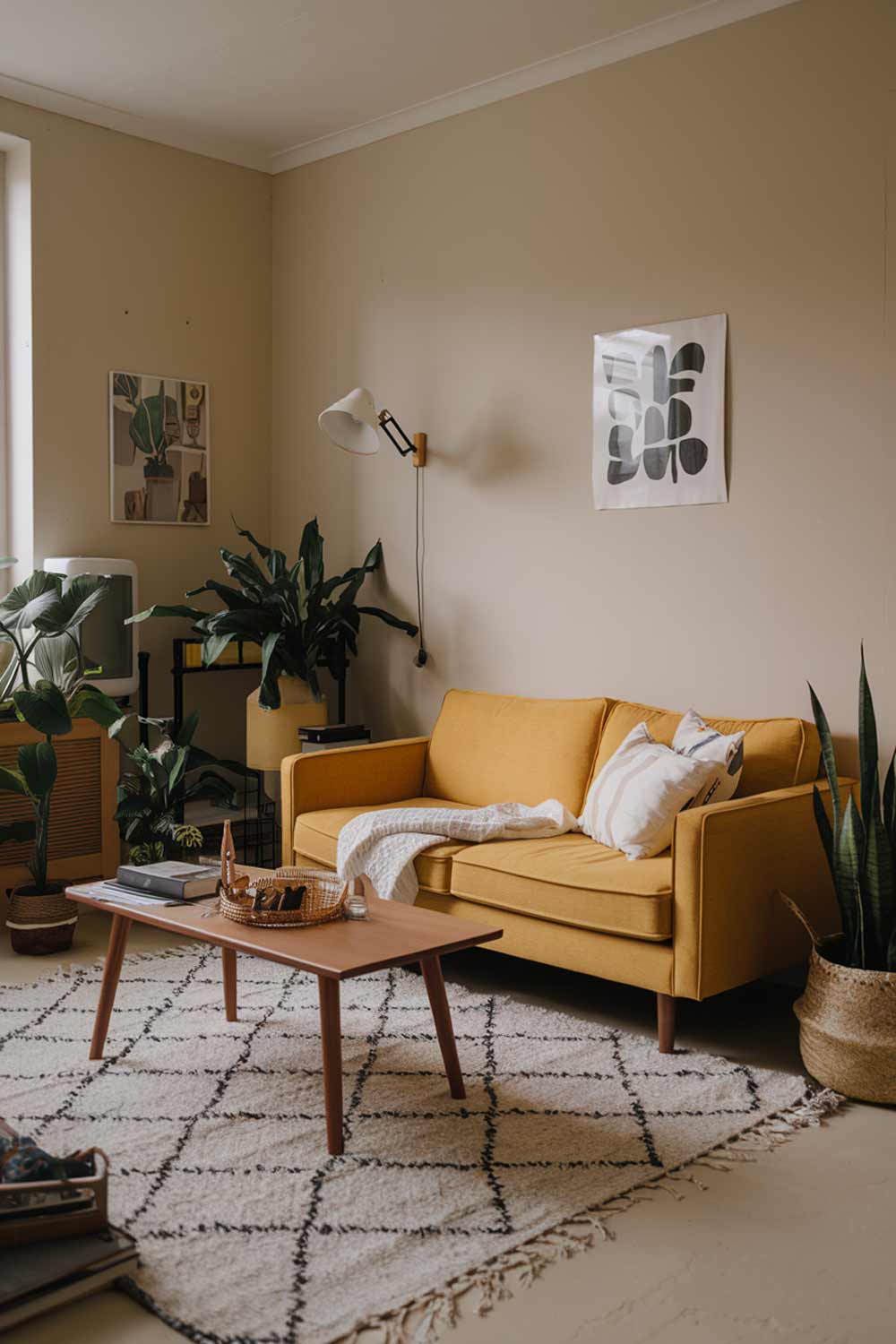 A cozy minimalist living room with a yellow sofa. The room has a white rug, a few plants, a wooden coffee table, and a wall-mounted lamp. The walls are painted beige. There's a small basket on the floor and a few books on the coffee table. The room has a few pieces of art on the wall.