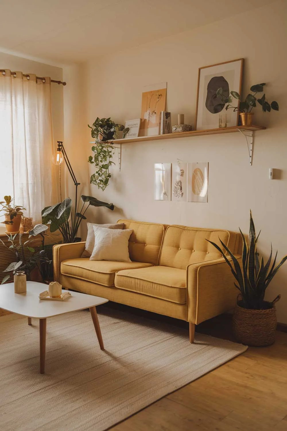 A cozy minimalist living room with a yellow sofa. The room has a beige rug, a white coffee table, and a few plants. There's a wooden shelf with a few items on the wall behind the sofa. The room has a few pieces of art on the wall. The lighting is warm.