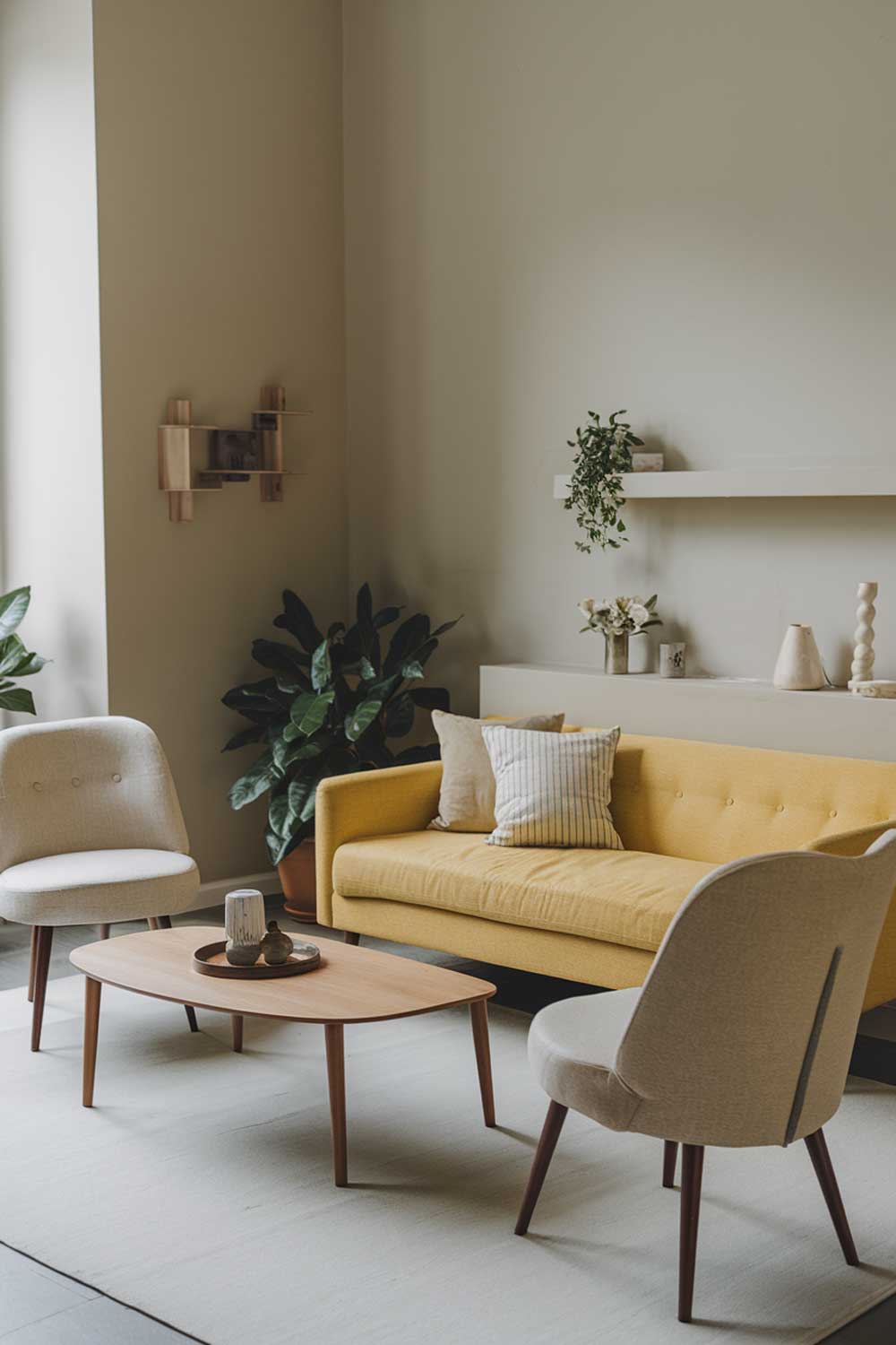 A cozy minimalist living room with a yellow sofa. There's a wooden coffee table in the middle of the room. Two chairs with beige fabric and wooden legs are placed near the yellow sofa. The walls are painted in a light gray shade. There's a potted plant near the wall. A few decorative items are placed on the coffee table and a nearby shelf.