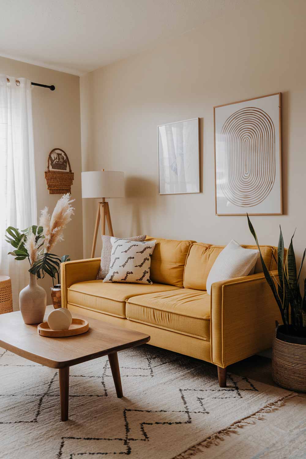 A boho minimalist living room with a yellow sofa. The room has a wooden coffee table and a few decorative items, including a vase, a lamp, and a plant. The walls are painted white. There is a rug on the floor, and the room has a few pieces of wall art. The overall room has a warm and inviting atmosphere.