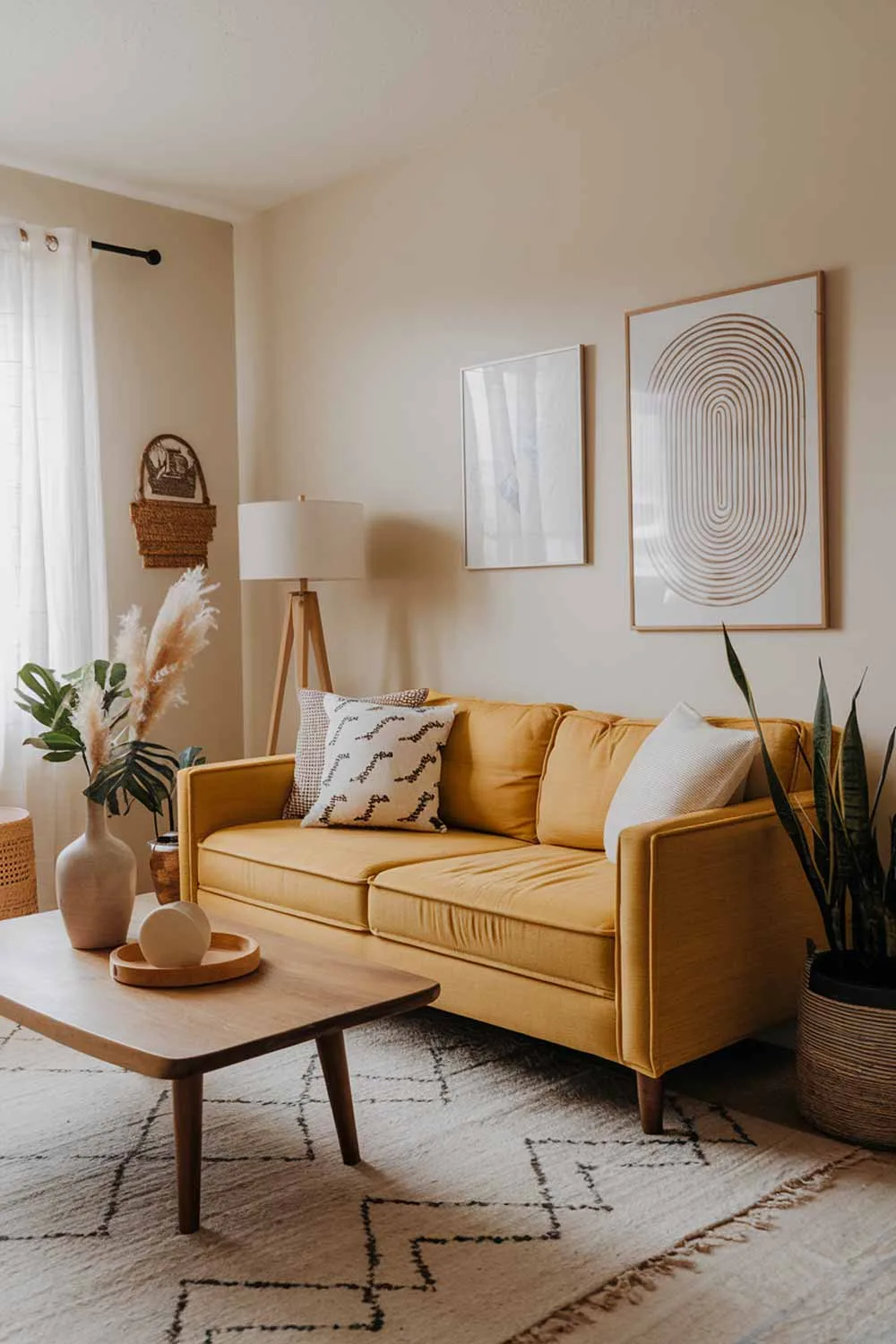 A boho minimalist living room with a yellow sofa. The room has a wooden coffee table and a few decorative items, including a vase, a lamp, and a plant. The walls are painted white. There is a rug on the floor, and the room has a few pieces of wall art. The overall room has a warm and inviting atmosphere.