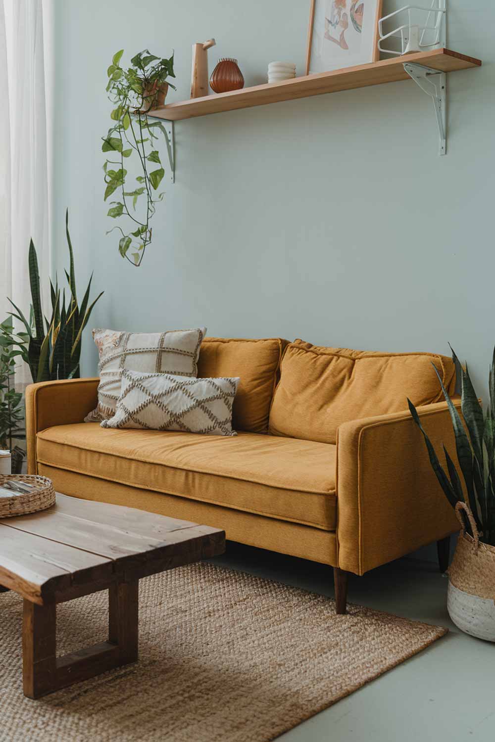 A close-up shot of a boho minimalist living room with a yellow sofa. The room has a rustic wooden coffee table, a woven rug, and a few plants. There's a wooden shelf above the sofa with a few decorative items. The walls are painted in a light blue color.