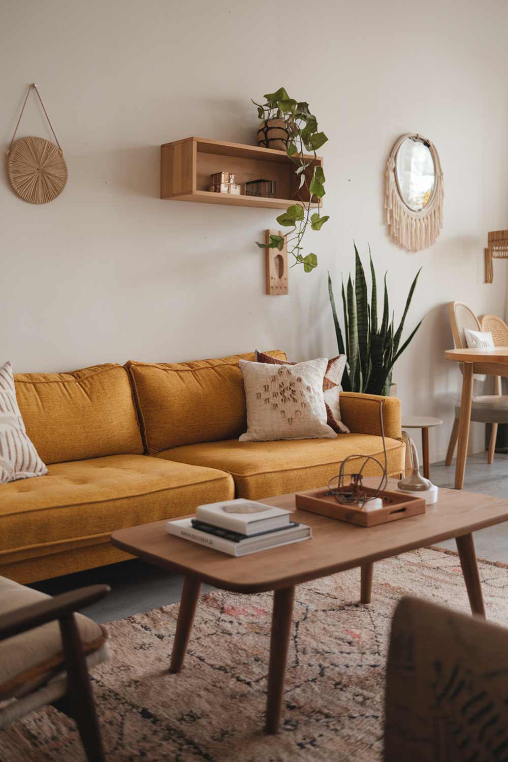 A close-up shot of a boho minimalist living room with a yellow sofa. The room has a wooden coffee table in the middle, with a few items on top of it. The wall behind the sofa has a few decorative items, including a plant, a wooden shelf, and a few other items. The floor is covered with a rug. The room has a few other furniture pieces, including a chair and a table.