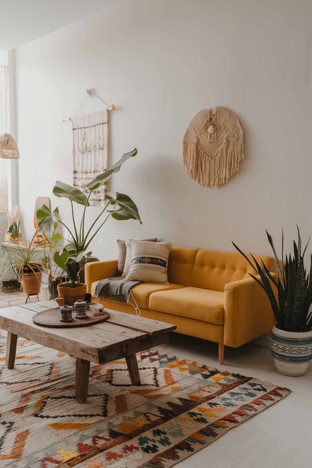 A boho minimalist living room with a yellow sofa. The room has a rustic wooden coffee table, a few potted plants, and a few decorative items. There's a patterned rug on the floor. The walls are white.