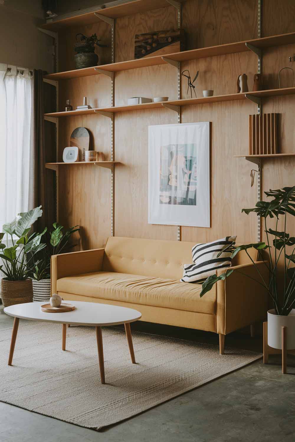 A Japandi minimalist living room with a yellow sofa. The room has a beige rug, a white coffee table, and a few plants. There are also a few pieces of art on the wall. The room has a wooden shelf with some objects. The walls and shelves are made of wood. The floor is made of concrete.