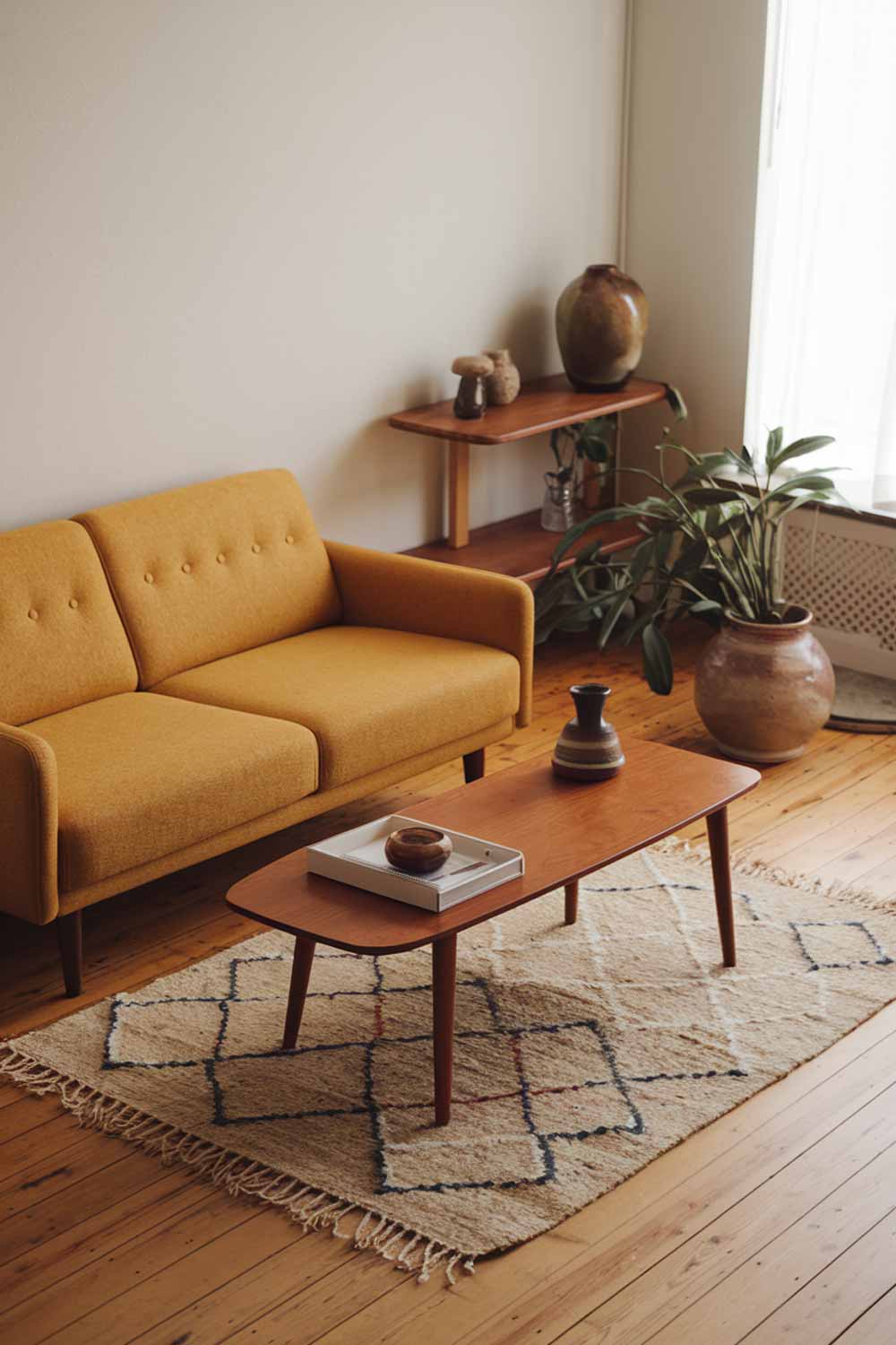 A japandi minimalist living room with a yellow sofa. The room has a wooden floor and features a rug, a wooden coffee table, and a few decorative items. There's a plant in a ceramic pot near the window. The walls are painted white.