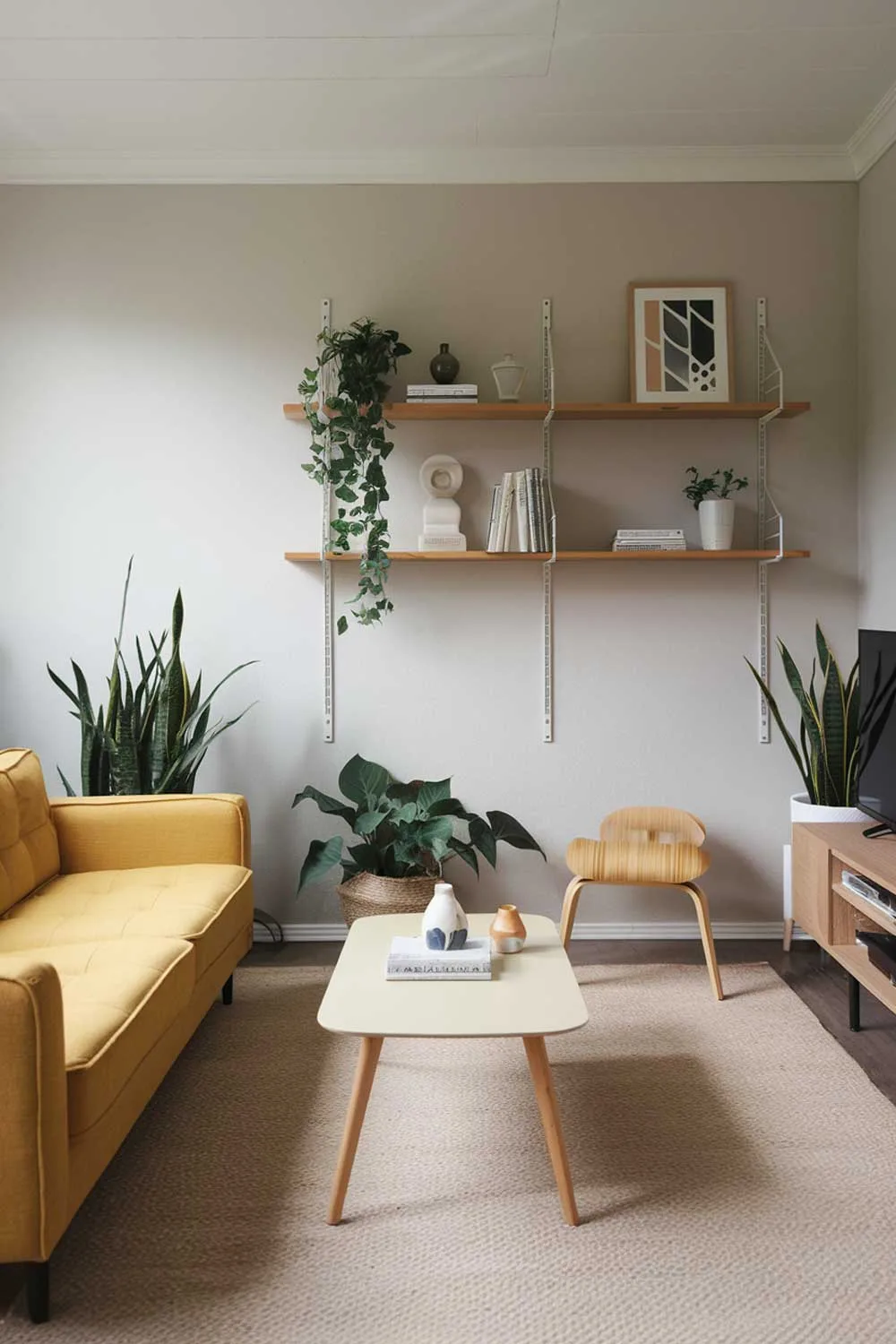 A Japandi minimalist living room with a yellow sofa. The room has a beige rug, a white coffee table, and a few potted plants. There's a wall with wooden shelves and a few decorative items. The shelves also hold a few books. The room has a few pieces of furniture, including a side chair and a TV stand. The walls are painted in a light gray color.