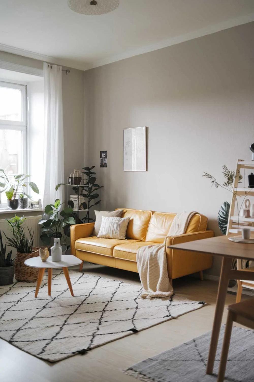 A Scandinavian minimalist living room with a yellow sofa. The room has a white rug, a few decorative items, and a wooden table. There's a house plant near the window. The walls are painted in a light gray color.