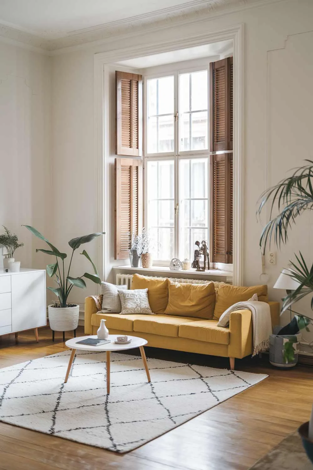 A Scandinavian minimalist living room with a yellow sofa. The room has a white rug, a few pieces of furniture, and a few decorative items. The walls and furniture are painted in white, and there are a few plants in the room. The room has a large window with wooden shutters, and the window sill has a few decorative items. The floor is made of wood.