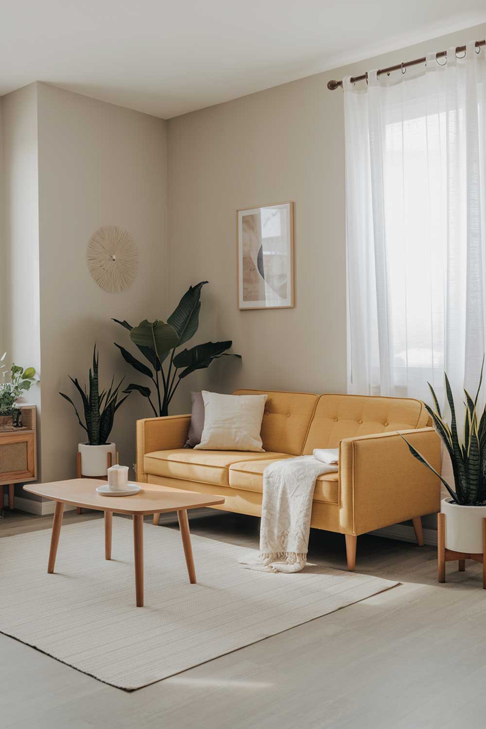 A modern minimalist living room. There's a yellow sofa in the middle of the room. The room has a white rug, a wooden coffee table, and a few decorative items. The walls are painted in a light gray color. There are two potted plants, one in the corner and one near the window. The window has white curtains.