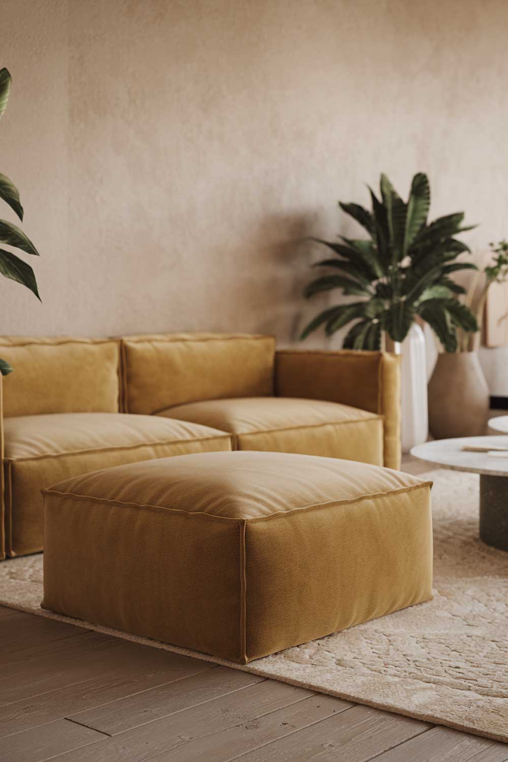 A minimalist living room with a yellow couch and an ottoman. The room has a beige wall and a wooden floor. There are a few decorative items, including a green plant and a white vase. The room has a few other items, such as a white coffee table and a beige rug. The lighting is soft.