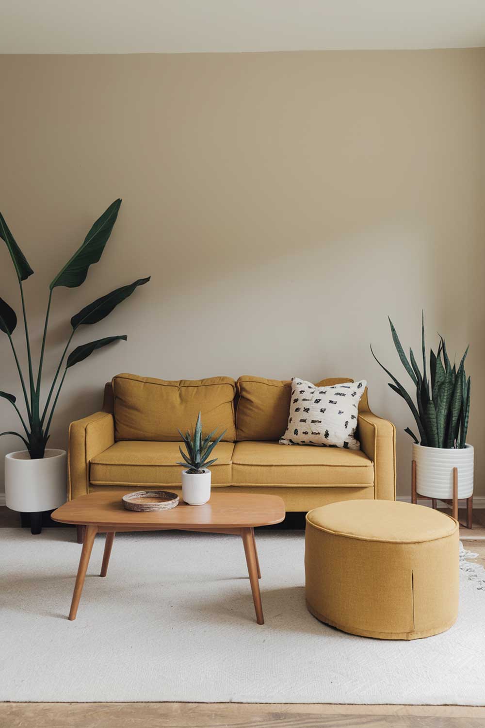 A minimalist living room with a yellow couch and an ottoman. The room has a white rug and a few potted plants. There's a wooden coffee table in the middle. The walls are painted beige.