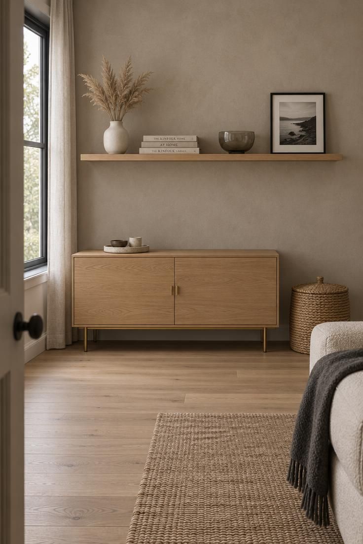 How to Apply Minimalist Organization Throughout Your Home 1 Small living room seen from the doorway, with warm light oak closed console and a single upper shelf styled with four airy objects: vase, books, bowl, and framed photo, plus a lidded woven basket on the floor.