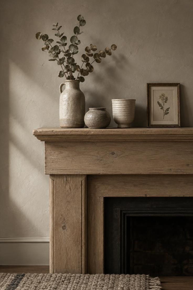 How to Apply Minimalist Organization Throughout Your Home 2 Close-up of a pale oak mantel with three cream and stone ceramic vessels and a small framed botanical print, lit by soft side window light.