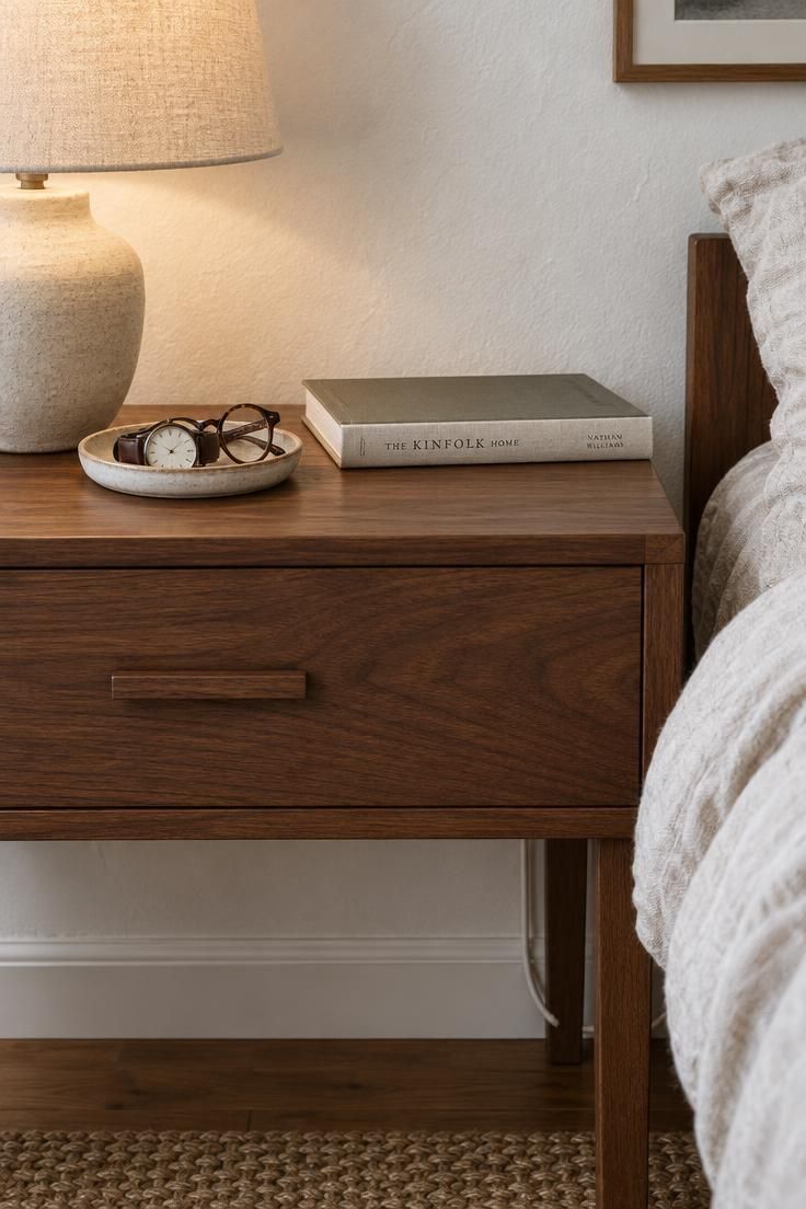 How to Apply Minimalist Organization Throughout Your Home 3 Close-up of a narrow walnut bedside table demonstrating the nightstand rule with one ceramic dish, one book, and one cord tucked behind the leg in bright daylight.