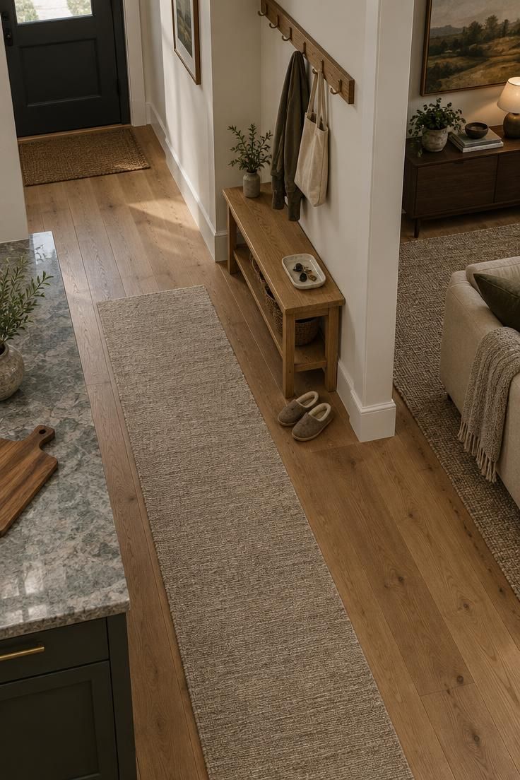 How to Apply Minimalist Organization Throughout Your Home 4 Overhead view of a hallway linking a kitchen counter edge, a narrow entry bench with hooks and tray, and a living room console.
