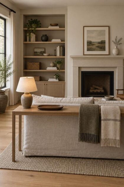 How to Apply Minimalist Organization Throughout Your Home Minimalist living room with open shelves holding a few baskets and objects, a tidy console with a lamp and tray, and an edited mantel with one framed print.