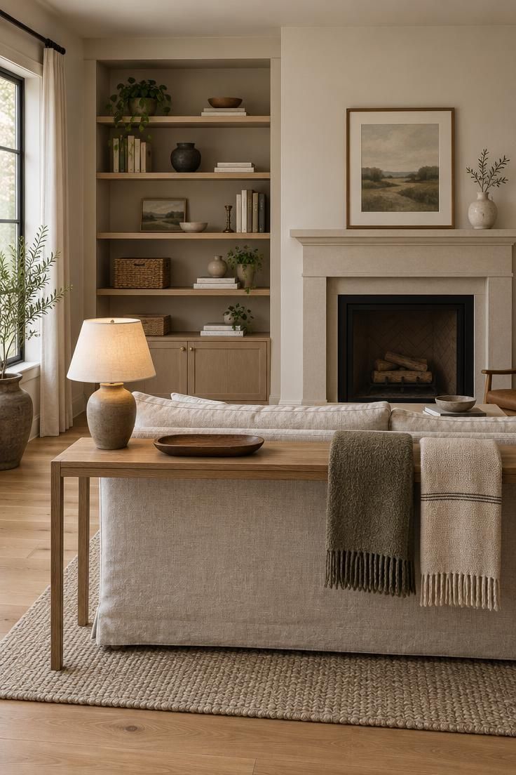Minimalist living room with open shelves holding a few baskets and objects, a tidy console with a lamp and tray, and an edited mantel with one framed print.