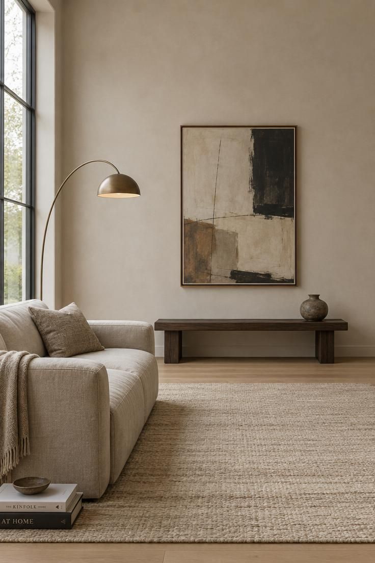 Minimalist Rules That Make Neutral Rooms Feel More Finished 1 Wide view of a minimally edited neutral living room with an oatmeal linen sofa, a sculptural floor lamp, one large framed artwork over a low wood bench, and deliberate empty wall space around the intentionally selected arrangement.