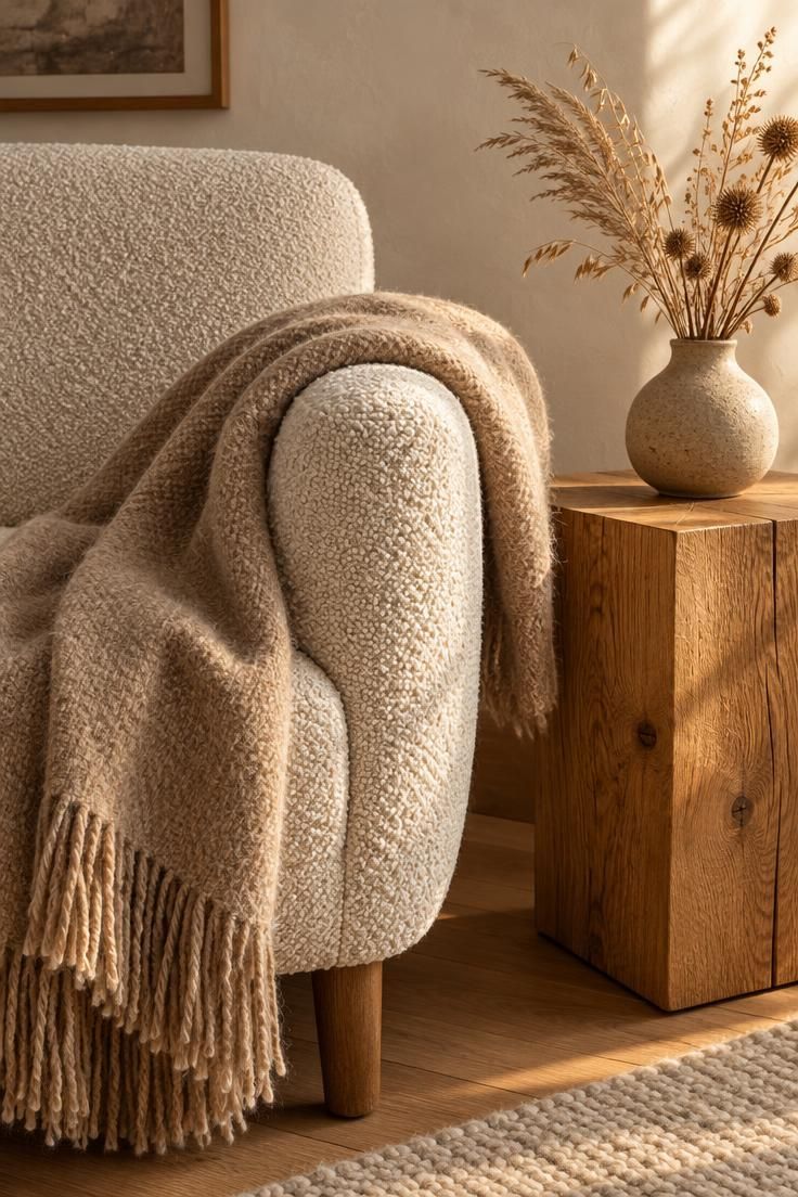 Minimalist Rules That Make Neutral Rooms Feel More Finished 2 Close-up of a cream bouclé armchair with a toasted almond wool throw, next to a chunky oak side table holding a matte ceramic vase of dried grasses in warm golden light.