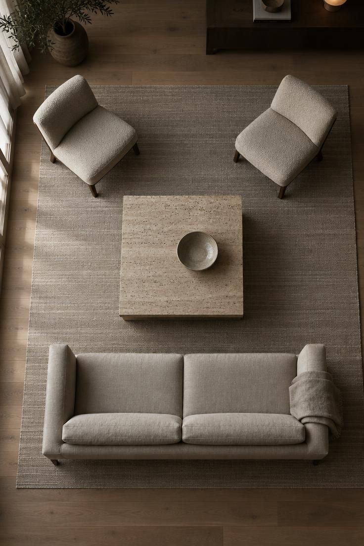 Minimalist Rules That Make Neutral Rooms Feel More Finished 3 Overhead view of a textured flat-weave wool rug anchoring a simple oatmeal sofa and two chairs around a travertine table, with bare oak floor visible at the edges.