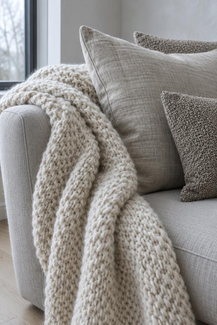 Minimalist Rules That Make Neutral Rooms Feel More Finished 4 Layered textures on a neutral sofa showing a chunky cream wool throw over oatmeal linen cushions and a soft taupe bouclé pillow in cool overcast light.